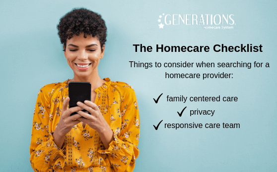 woman looking at homecare checklist on smart phone