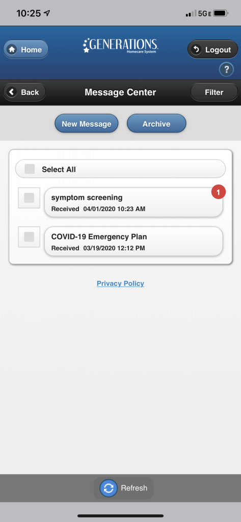 screenshot of caregiver secure message center in the Generations app